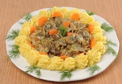 Куриные сердечки с грибами